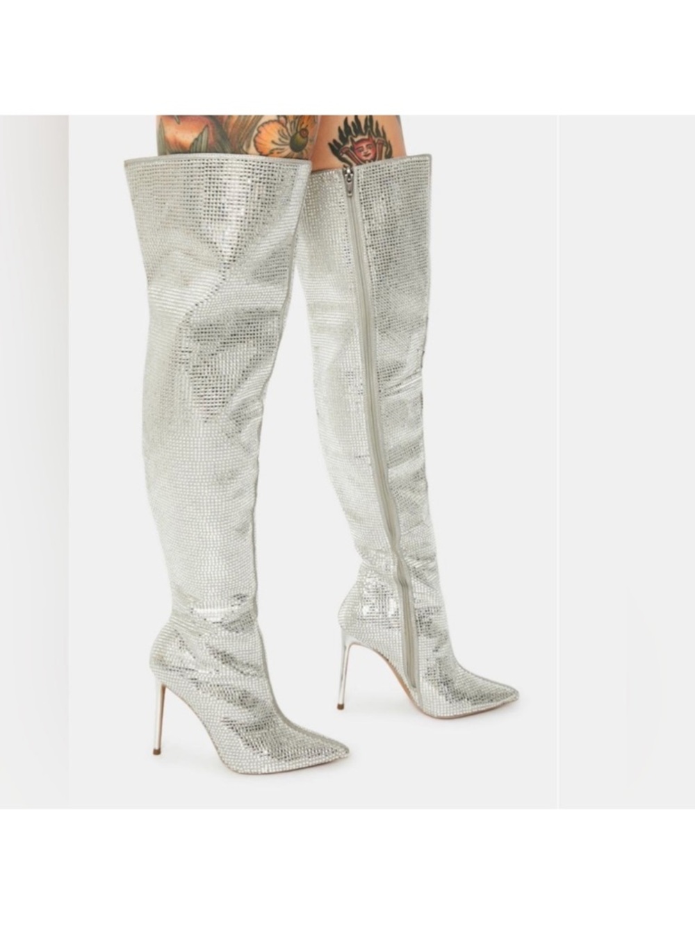 Steve Madden Skyscraper Silver Crystal Over-the-Knee Stiletto Boots